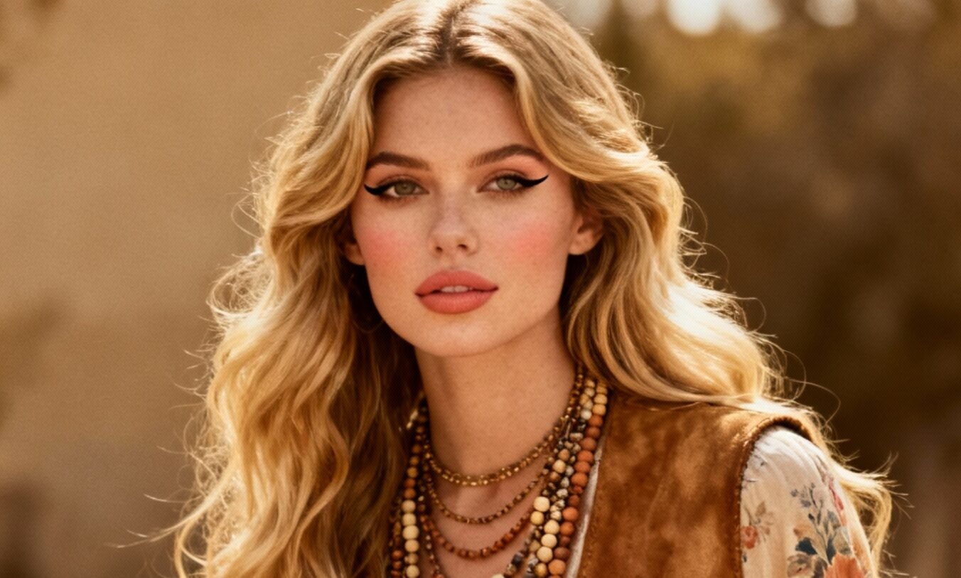 Model with long wavy boho blonde hair showcasing natural sun-kissed highlights