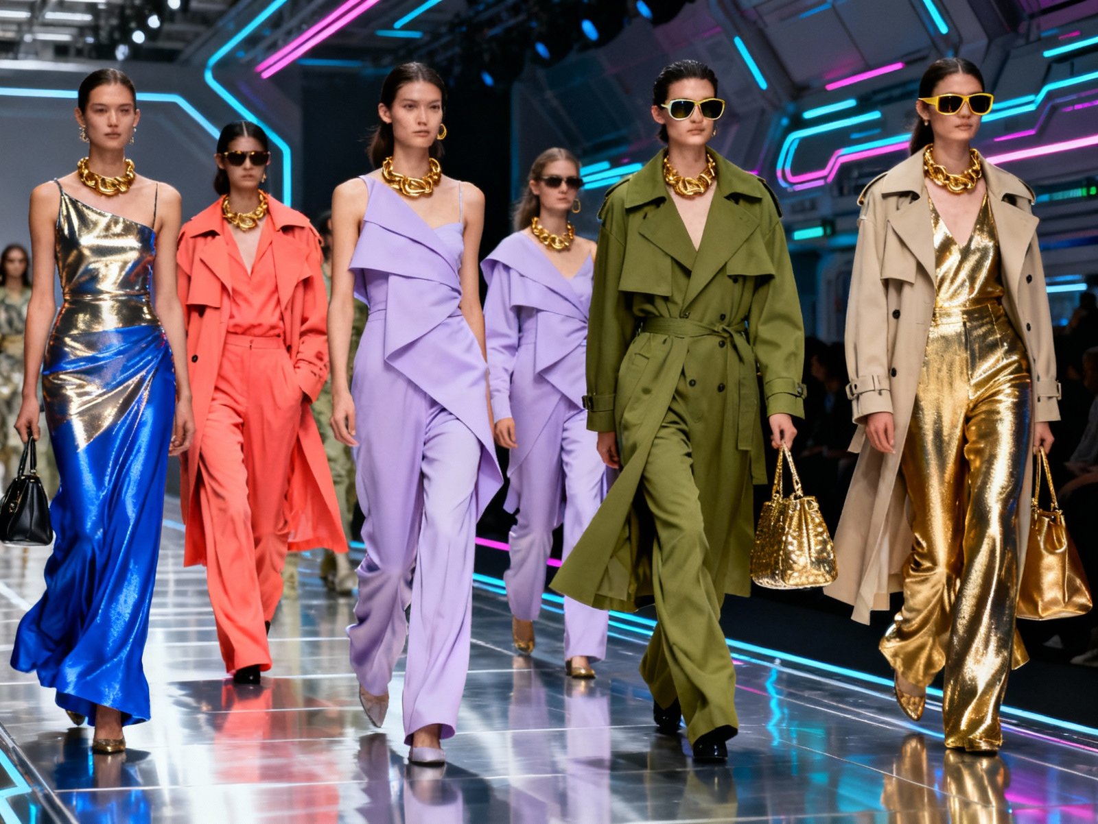 Models wearing a bold red trench coat with metallic accessories, showcasing fashion trends 2026 color palette.