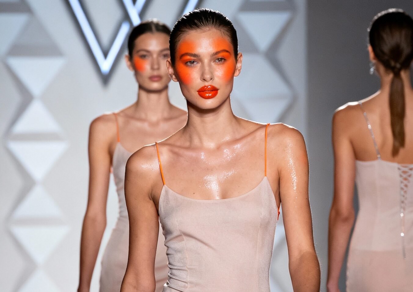 Model wearing orange blush at New York Fashion Week 2026 beauty trends runway show