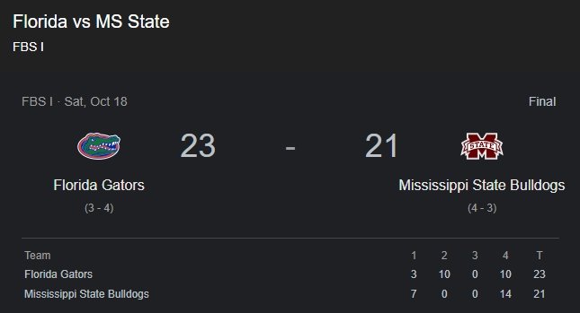 Florida 23-21 Ms State: Gators Edge Tight Homecoming Win